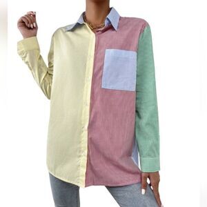 LS GIRL striped rainbow multicolor oversized button‎ up pocket shirt M